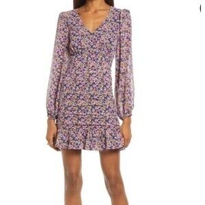 Floret Studios Dress Size L Pink Floral Ruched Ruffle Hem Balloon Sleeve Cottage